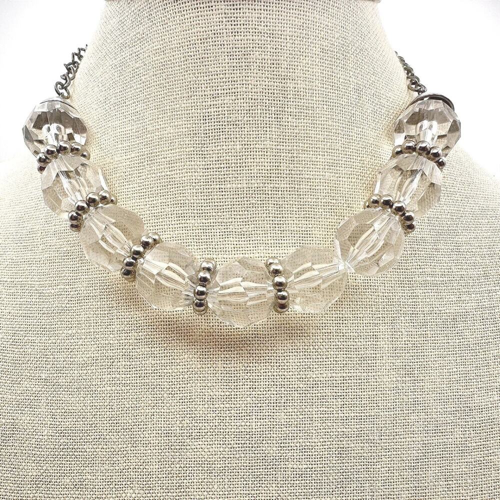 Vintage 80s Chunky Clear Faceted Glass Crystal Necklace Silver Tone Bead Jewelry